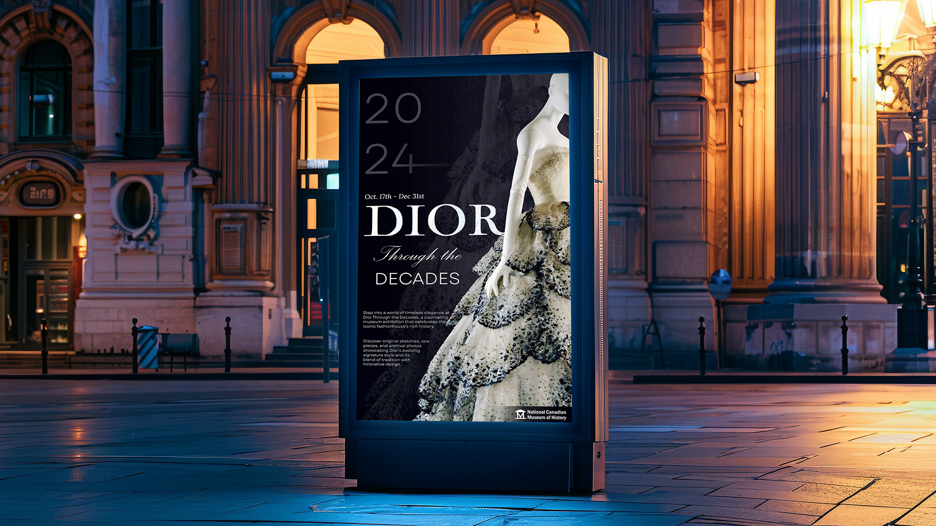 A Dior exhibition poster at a bus stop